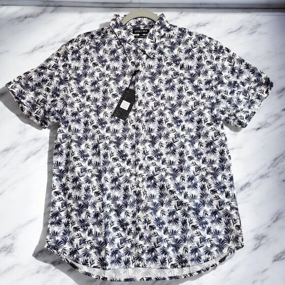 Stitch Note Mens Navy White Tropical Print Short Sleeve Cotton Shirt NEW Medium - Picture 7 of 8